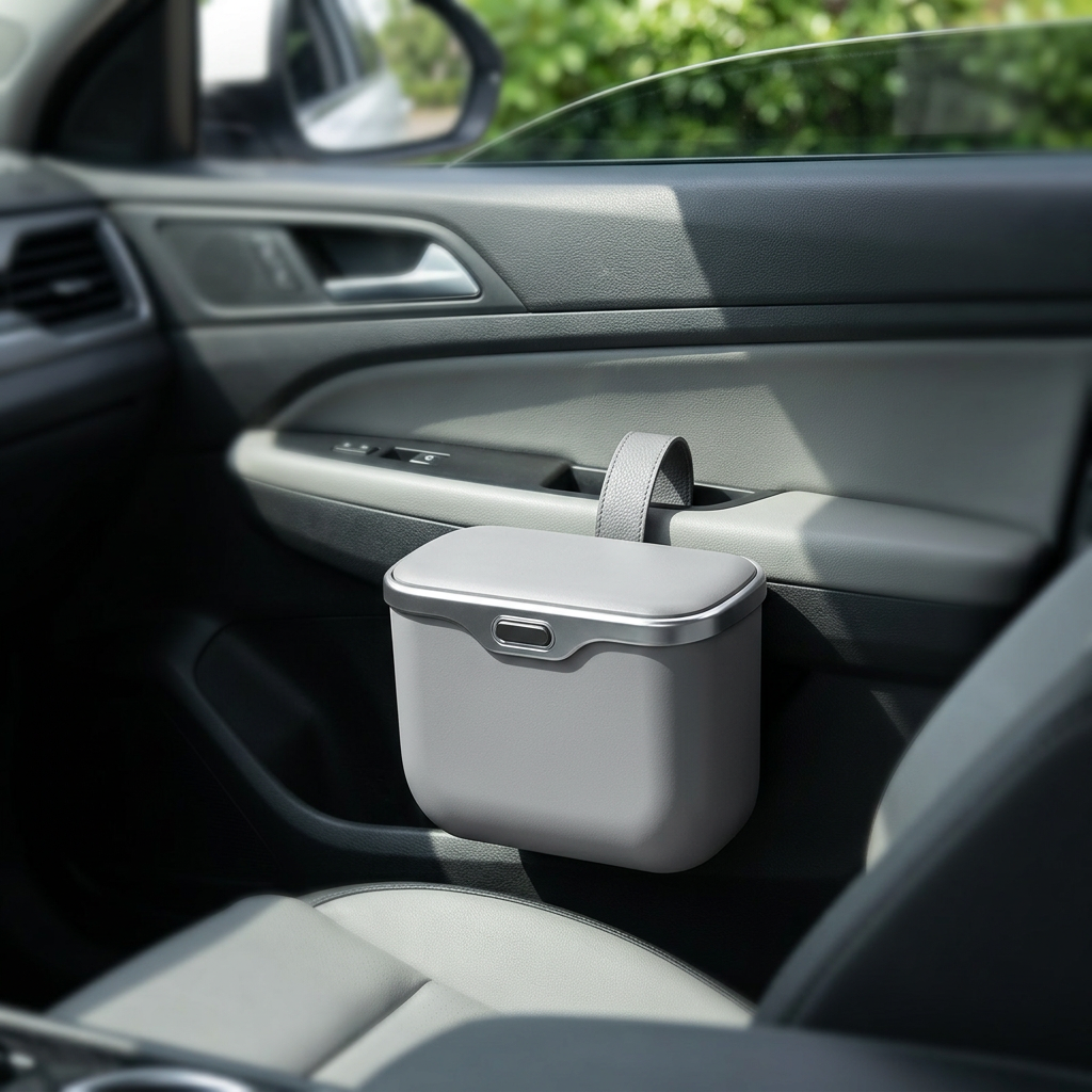 Grey hanging car bin in a car door pocket