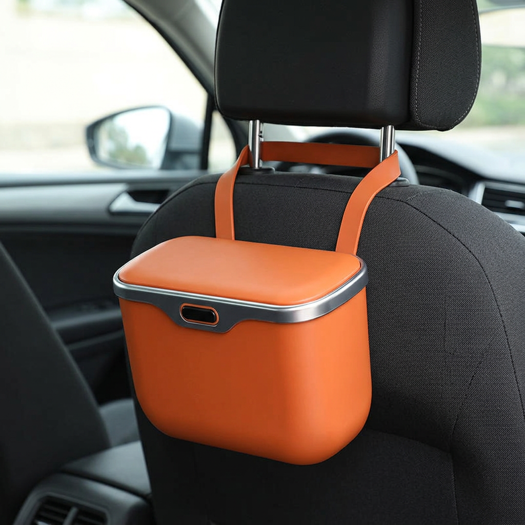 Orange hanging car bin on a seat back headrest