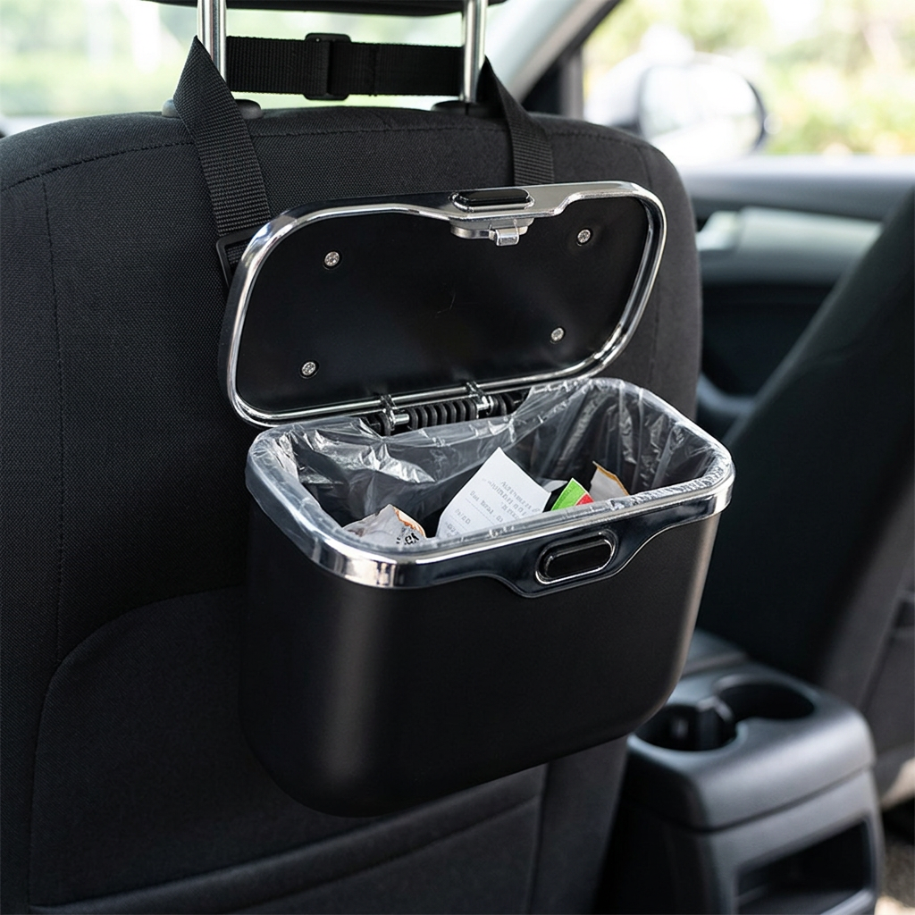 Hanging car bin with lid open showing the lined interior