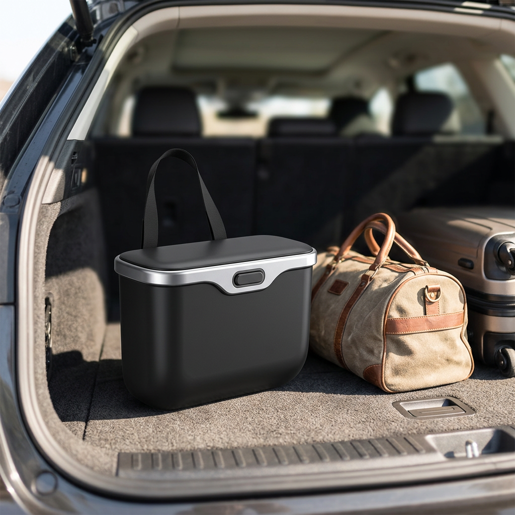 Hanging car bin on a car boot floor beside travel bags