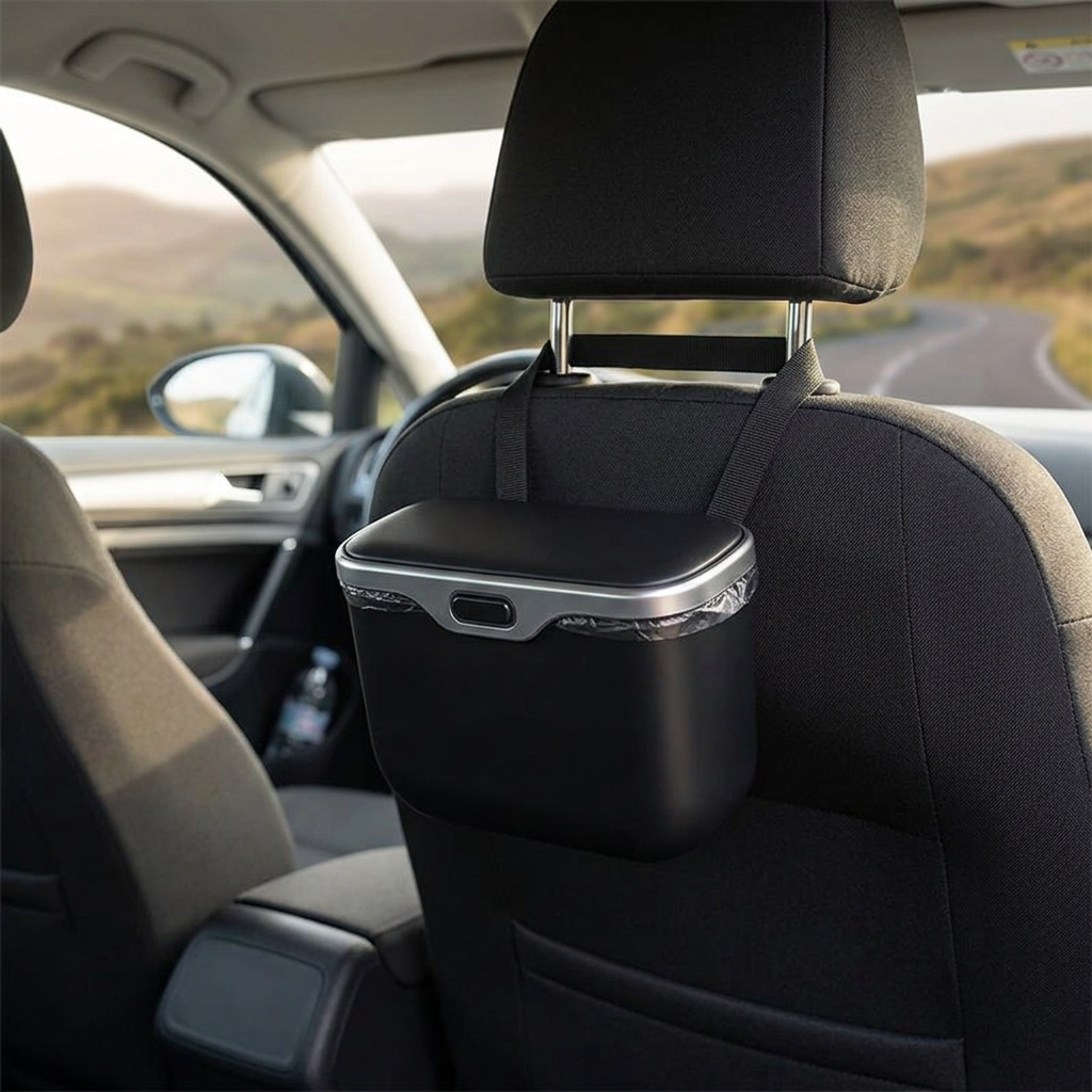 Black hanging car bin on a headrest in a tidy car interior