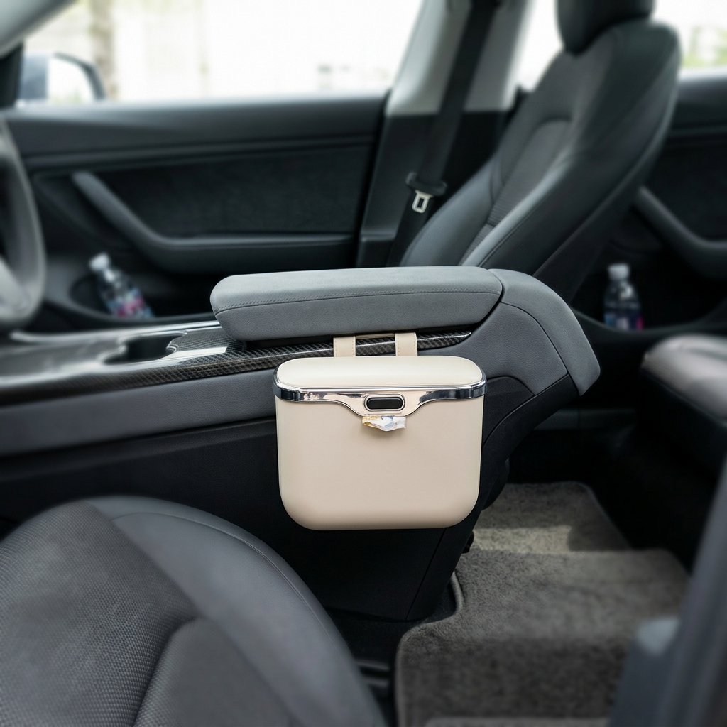Beige hanging car bin on a centre console hook
